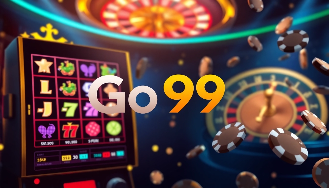 Go99 offers an exciting online casino interface with vibrant slot machines and roulette wheels.